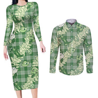 Green Palaka Hawaii Cowboy Christmas Couples Matching Long Sleeve Bodycon Dress and Long Sleeve Button Shirt Paniolo Mix Maile Lei LT7 Green - Polynesian Pride
