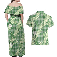 Green Palaka Hawaii Cowboy Christmas Couples Matching Off Shoulder Maxi Dress and Hawaiian Shirt Paniolo Mix Maile Lei LT7 - Polynesian Pride