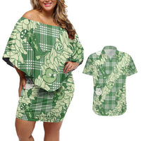 Green Palaka Hawaii Cowboy Christmas Couples Matching Off Shoulder Short Dress and Hawaiian Shirt Paniolo Mix Maile Lei LT7 Green - Polynesian Pride