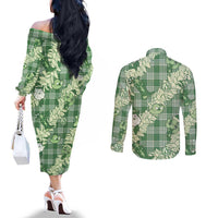Green Palaka Hawaii Cowboy Christmas Couples Matching Off The Shoulder Long Sleeve Dress and Long Sleeve Button Shirt Paniolo Mix Maile Lei LT7 - Polynesian Pride