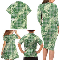Green Palaka Hawaii Cowboy Christmas Family Matching Long Sleeve Bodycon Dress and Hawaiian Shirt Paniolo Mix Maile Lei LT7 - Polynesian Pride