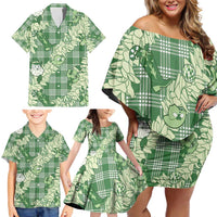 Green Palaka Hawaii Cowboy Christmas Family Matching Off Shoulder Short Dress and Hawaiian Shirt Paniolo Mix Maile Lei LT7 - Polynesian Pride