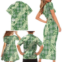 Green Palaka Hawaii Cowboy Christmas Family Matching Short Sleeve Bodycon Dress and Hawaiian Shirt Paniolo Mix Maile Lei LT7 - Polynesian Pride