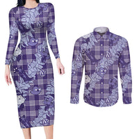 Purple Palaka Hawaii Cowboy Christmas Couples Matching Long Sleeve Bodycon Dress and Long Sleeve Button Shirt Paniolo Mix Maile Lei LT7 Purple - Polynesian Pride