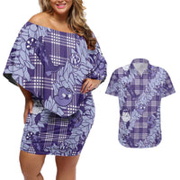 Purple Palaka Hawaii Cowboy Christmas Couples Matching Off Shoulder Short Dress and Hawaiian Shirt Paniolo Mix Maile Lei LT7 Purple - Polynesian Pride