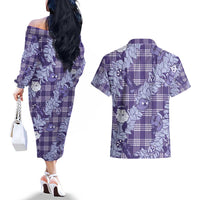 Purple Palaka Hawaii Cowboy Christmas Couples Matching Off The Shoulder Long Sleeve Dress and Hawaiian Shirt Paniolo Mix Maile Lei LT7 - Polynesian Pride