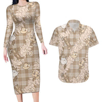 Khaki Palaka Hawaii Cowboy Christmas Couples Matching Long Sleeve Bodycon Dress and Hawaiian Shirt Paniolo Mix Maile Lei LT7 Beige - Polynesian Pride