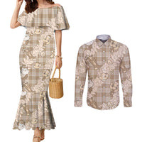 Khaki Palaka Hawaii Cowboy Christmas Couples Matching Mermaid Dress and Long Sleeve Button Shirt Paniolo Mix Maile Lei LT7 Beige - Polynesian Pride
