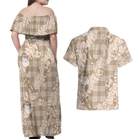 Khaki Palaka Hawaii Cowboy Christmas Couples Matching Off Shoulder Maxi Dress and Hawaiian Shirt Paniolo Mix Maile Lei LT7 - Polynesian Pride