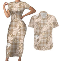 Khaki Palaka Hawaii Cowboy Christmas Couples Matching Short Sleeve Bodycon Dress and Hawaiian Shirt Paniolo Mix Maile Lei LT7 Beige - Polynesian Pride