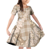 Khaki Palaka Hawaii Cowboy Christmas Family Matching Off Shoulder Short Dress and Hawaiian Shirt Paniolo Mix Maile Lei LT7 Daughter's Dress Beige - Polynesian Pride