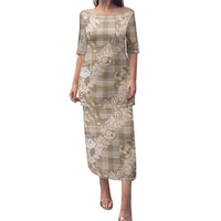Khaki Palaka Hawaii Cowboy Christmas Family Matching Puletasi and Hawaiian Shirt Paniolo Mix Maile Lei LT7 Mom's Dress Beige - Polynesian Pride