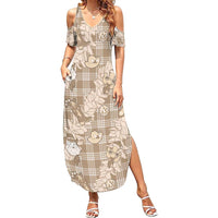 Khaki Palaka Hawaii Cowboy Christmas Family Matching Summer Maxi Dress and Hawaiian Shirt Paniolo Mix Maile Lei LT7 Mom's Dress Beige - Polynesian Pride