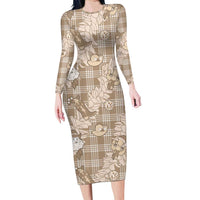 Khaki Palaka Hawaii Cowboy Christmas Long Sleeve Bodycon Dress Paniolo Mix Maile Lei - Polynesian Pride