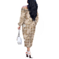 Khaki Palaka Hawaii Cowboy Christmas Off The Shoulder Long Sleeve Dress Paniolo Mix Maile Lei - Polynesian Pride