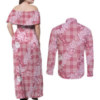 Pink Palaka Hawaii Cowboy Christmas Couples Matching Off Shoulder Maxi Dress and Long Sleeve Button Shirt Paniolo Mix Maile Lei - Polynesian Pride