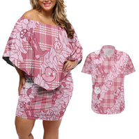Pink Palaka Hawaii Cowboy Christmas Couples Matching Off Shoulder Short Dress and Hawaiian Shirt Paniolo Mix Maile Lei LT7 Pink - Polynesian Pride