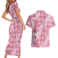 Pink Palaka Hawaii Cowboy Christmas Couples Matching Short Sleeve Bodycon Dress and Hawaiian Shirt Paniolo Mix Maile Lei LT7 - Polynesian Pride