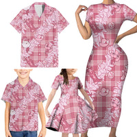 Pink Palaka Hawaii Cowboy Christmas Family Matching Short Sleeve Bodycon Dress and Hawaiian Shirt Paniolo Mix Maile Lei LT7 - Polynesian Pride