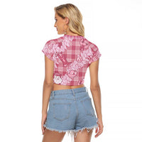 Pink Palaka Hawaii Cowboy Christmas Raglan Cropped T Shirt Paniolo Mix Maile Lei - Polynesian Pride