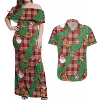 Red Palaka Hawaii Cowboy Christmas Couples Matching Off Shoulder Maxi Dress and Hawaiian Shirt Paniolo Mix Maile Lei LT7 Red - Polynesian Pride