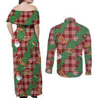 Red Palaka Hawaii Cowboy Christmas Couples Matching Off Shoulder Maxi Dress and Long Sleeve Button Shirt Paniolo Mix Maile Lei - Polynesian Pride