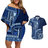 Samoa Siapo Motif Couples Matching Off Shoulder Short Dress and Hawaiian Shirt Classic Style - Bue Ver LT7 Blue - Polynesian Pride