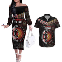 Aotearoa and Australia Indigenous Couples Matching Off The Shoulder Long Sleeve Dress and Hawaiian Shirt Stand Together For Te Tiriti LT7 Black - Polynesian Pride