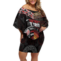 Aotearoa and Australia Indigenous Family Matching Off Shoulder Short Dress and Hawaiian Shirt Stand Together For Te Tiriti LT7 Mom's Dress Black - Polynesian Pride