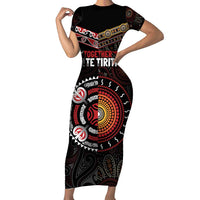 Aotearoa and Australia Indigenous Family Matching Short Sleeve Bodycon Dress and Hawaiian Shirt Stand Together For Te Tiriti LT7 Mom's Dress Black - Polynesian Pride
