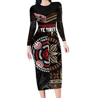 Aotearoa and Samoa Together For Te Tiriti Family Matching Long Sleeve Bodycon Dress and Hawaiian Shirt Kowhaiwhai Mix Siapo LT7 Mom's Dress Black - Polynesian Pride