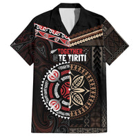Aotearoa and Samoa Together For Te Tiriti Family Matching Off The Shoulder Long Sleeve Dress and Hawaiian Shirt Kowhaiwhai Mix Siapo LT7 Dad's Shirt - Short Sleeve Black - Polynesian Pride