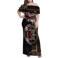Aotearoa and Samoa Together For Te Tiriti Family Matching Off Shoulder Maxi Dress and Hawaiian Shirt Kowhaiwhai Mix Siapo LT7 Mom's Dress Black - Polynesian Pride
