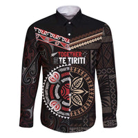 Aotearoa and Samoa Together For Te Tiriti Family Matching Off Shoulder Short Dress and Hawaiian Shirt Kowhaiwhai Mix Siapo LT7 Dad's Shirt - Long Sleeve Black - Polynesian Pride