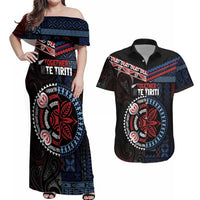 Aotearoa and Samoa Together For Te Tiriti Couples Matching Off Shoulder Maxi Dress and Hawaiian Shirt Kowhaiwhai Mix Siapo - Flag Color LT7 Black - Polynesian Pride