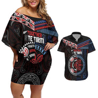 Aotearoa and Samoa Together For Te Tiriti Couples Matching Off Shoulder Short Dress and Hawaiian Shirt Kowhaiwhai Mix Siapo - Flag Color LT7 Black - Polynesian Pride