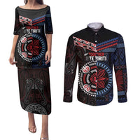 Aotearoa and Samoa Together For Te Tiriti Couples Matching Puletasi and Long Sleeve Button Shirt Kowhaiwhai Mix Siapo - Flag Color
