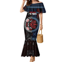 Aotearoa and Samoa Together For Te Tiriti Family Matching Mermaid Dress and Hawaiian Shirt Kowhaiwhai Mix Siapo - Flag Color LT7 Mom's Dress Black - Polynesian Pride