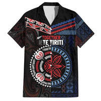 Aotearoa and Samoa Together For Te Tiriti Family Matching Puletasi and Hawaiian Shirt Kowhaiwhai Mix Siapo - Flag Color LT7 Dad's Shirt - Short Sleeve Black - Polynesian Pride
