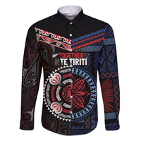 Aotearoa and Samoa Together For Te Tiriti Family Matching Puletasi and Hawaiian Shirt Kowhaiwhai Mix Siapo - Flag Color LT7 Dad's Shirt - Long Sleeve Black - Polynesian Pride
