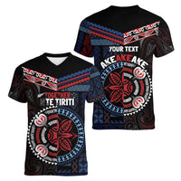 Aotearoa and Samoa Together For Te Tiriti Women V-Neck T-Shirt Kowhaiwhai Mix Siapo - Flag Color