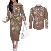 Polynesia Tribal Couples Matching Off The Shoulder Long Sleeve Dress and Long Sleeve Button Shirt Mocha Plumeria Tentacles
