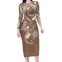 Polynesia Tribal Family Matching Long Sleeve Bodycon Dress and Hawaiian Shirt Mocha Plumeria Tentacles LT7 Mom's Dress Mocha - Polynesian Pride