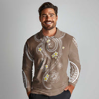 Polynesia Tribal Long Sleeve Polo Shirt Mocha Plumeria Tentacles