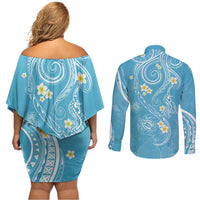 Polynesia Tribal Couples Matching Off Shoulder Short Dress and Long Sleeve Button Shirt Turquoise Plumeria Tentacles