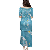 Polynesia Tribal Family Matching Puletasi and Hawaiian Shirt Turquoise Plumeria Tentacles
