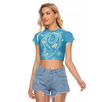 Polynesia Tribal Raglan Cropped T Shirt Turquoise Plumeria Tentacles