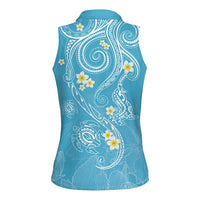 Polynesia Tribal Women Sleeveless Polo Shirt Turquoise Plumeria Tentacles