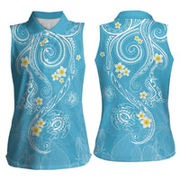 Polynesia Tribal Women Sleeveless Polo Shirt Turquoise Plumeria Tentacles