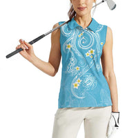 Polynesia Tribal Women Sleeveless Polo Shirt Turquoise Plumeria Tentacles